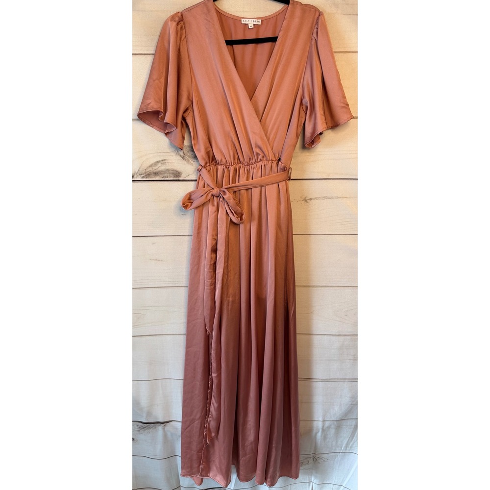 Baltic Born Katya Ruffle Maxi Dress XL Dusty Rose Satin Wrap V-Neck Formal Gown